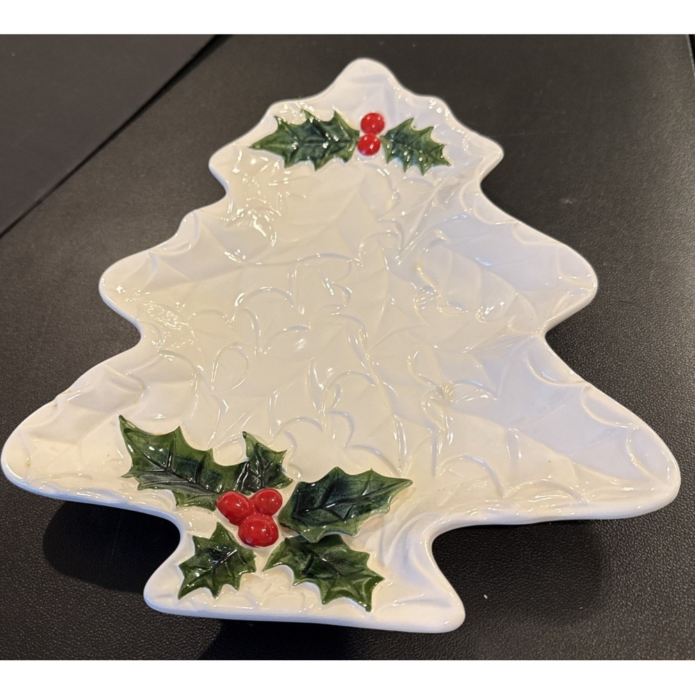 Vintage Lefton Christmas Tree Serving Dish White Ceramic Japan 1970 Holly Berry
